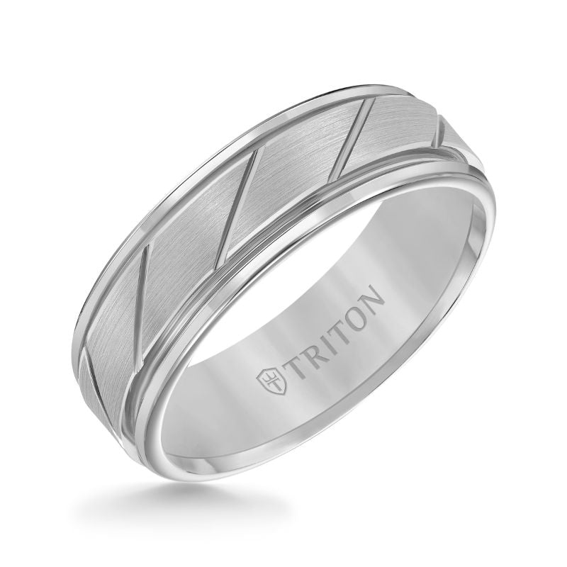 Triton Round Edge Diagonal Cut Center Wedding Band