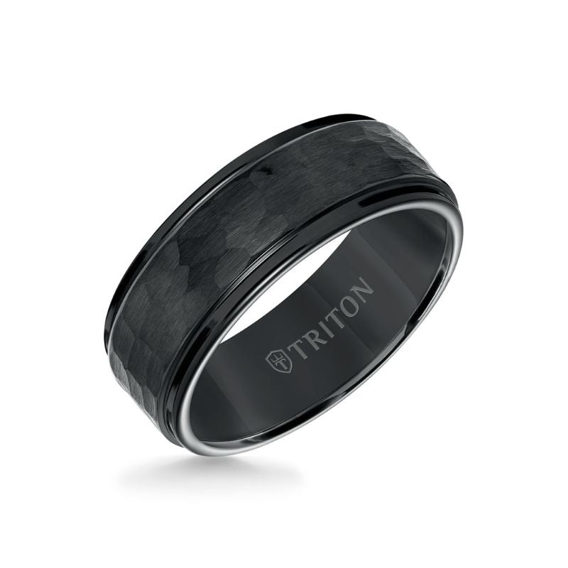 Triton Step Edge Hammered Center Wedding Band