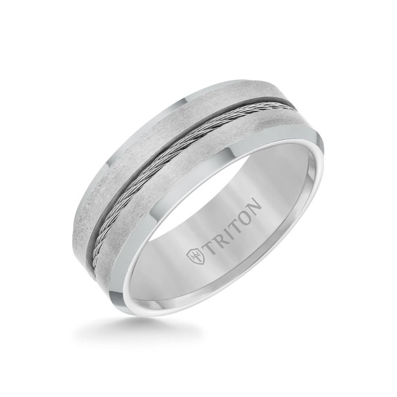 Triton Bevel Edge Steel Cable Center Wedding Band