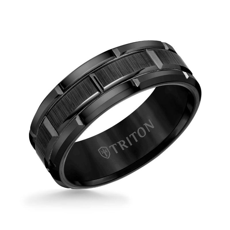 Triton Flat Edge Brick Pattern Center Wedding Band