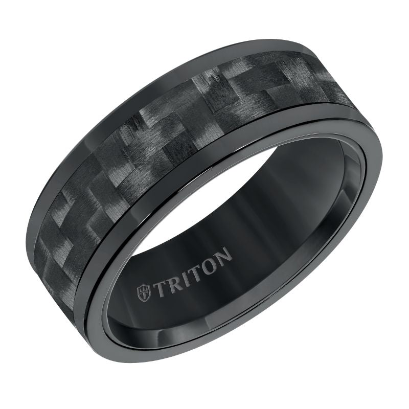 Triton Flat Edge Black Carbon Fiber Center Wedding Band