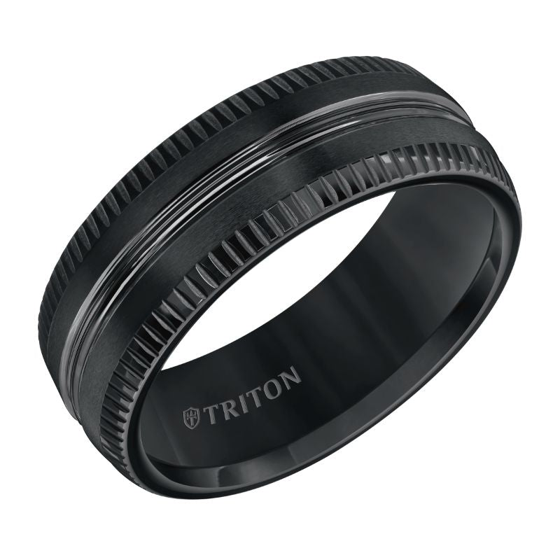 Triton Coin Edge Horizonal Center Lines Wedding Band