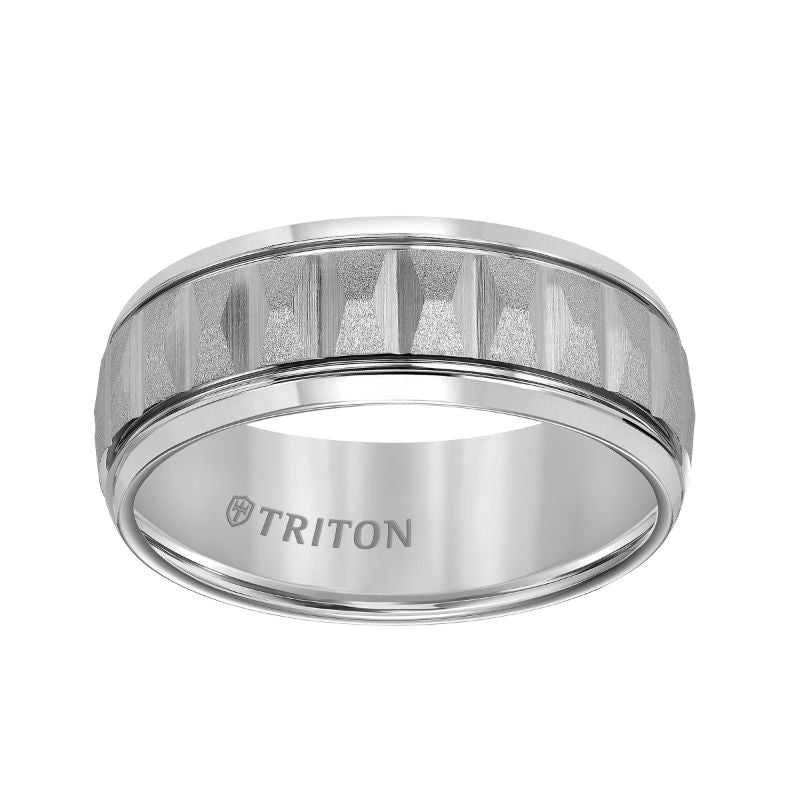 Triton Round Edge Brushed Faceted Center Wedding Band