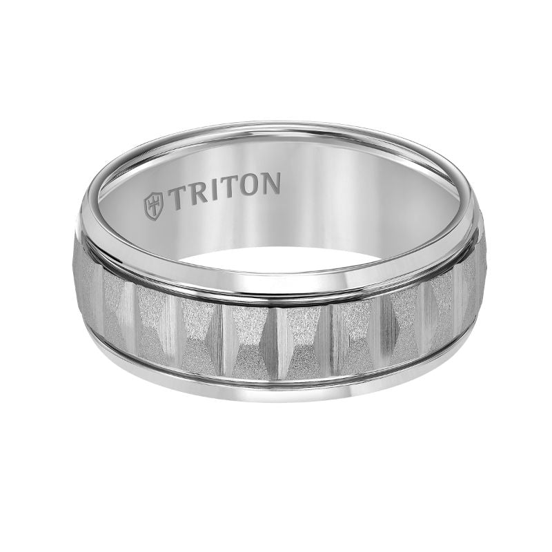 Triton Round Edge Brushed Faceted Center Wedding Band
