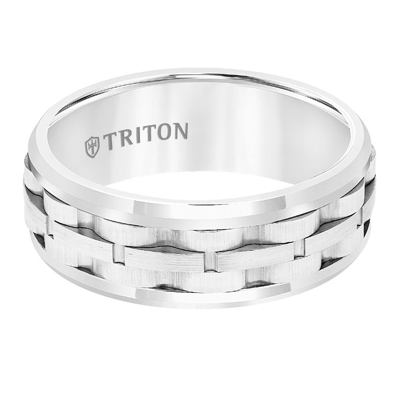 Triton Bevel Edge Brushed Link Center Wedding Band
