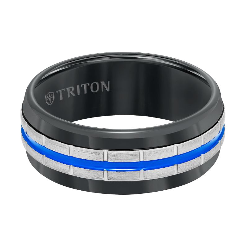 Triton Flat Edge Electric Blue Center Stripe Wedding Band