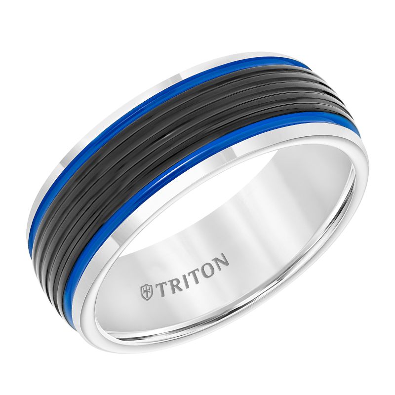 Triton Bevel Edge Ribbed Blue Center Stripe Wedding Band