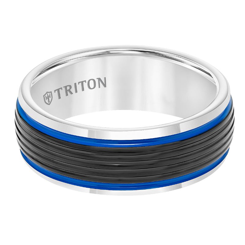 Triton Bevel Edge Ribbed Blue Center Stripe Wedding Band