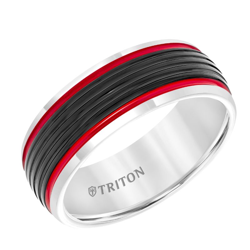 Triton Bevel Edge Ribbed Blue Center Stripe Wedding Band