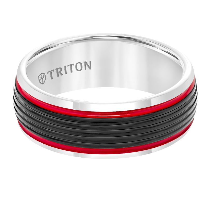 Triton Bevel Edge Ribbed Blue Center Stripe Wedding Band