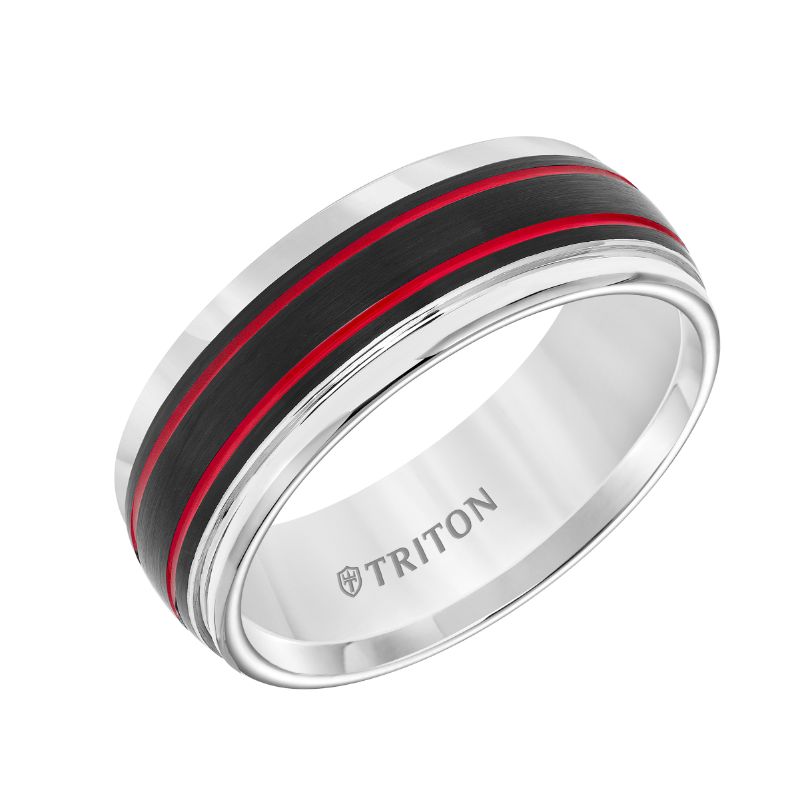 Triton Bevel Edge Ribbed Red Center Stripe Wedding Band