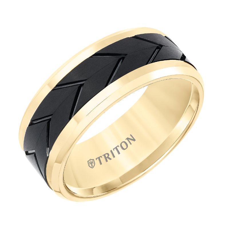 Triton Bevel Edge Black Tire Tred Center Wedding Band