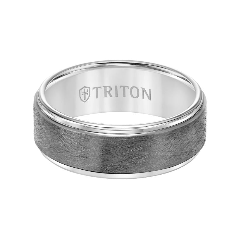 Triton Step Edge Gunmetal Crystaline Center Wedding Band