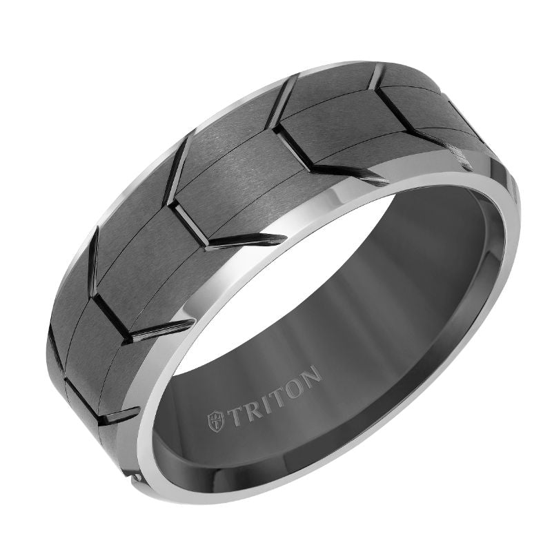 Triton Bevel Edge Gunmetal Tire Tred Center Wedding Band