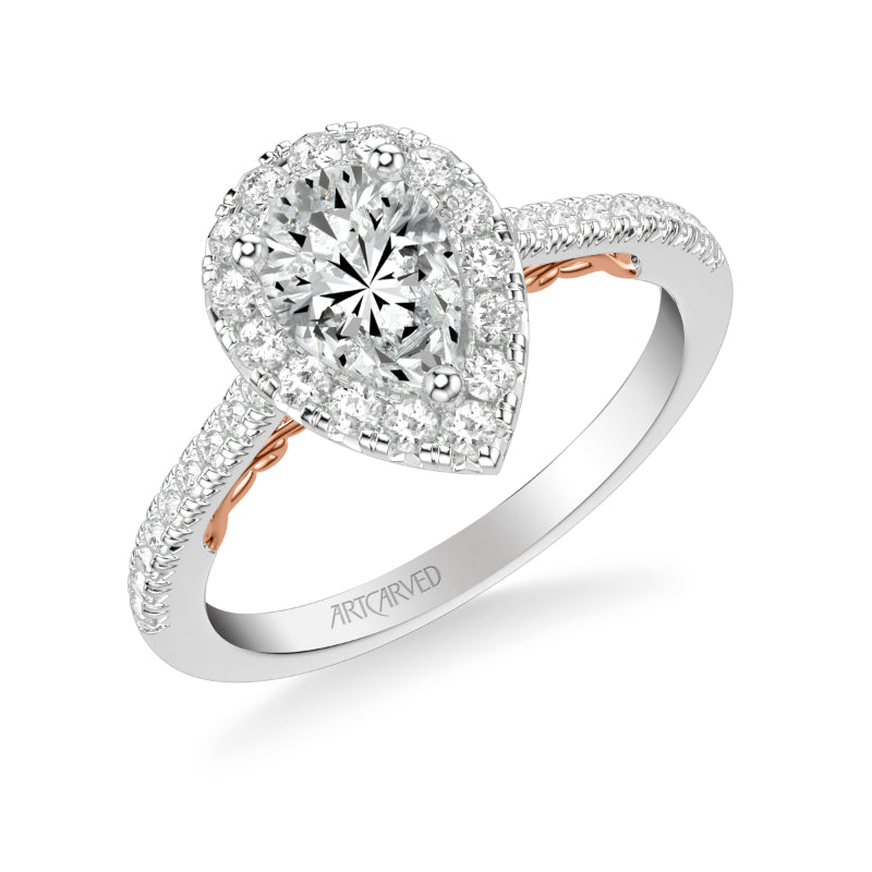 Artcarved Bridal Mounted with CZ Center Classic Lyric Halo Engagement Ring Demi 14K White Gold Primary & 14K Rose Gold