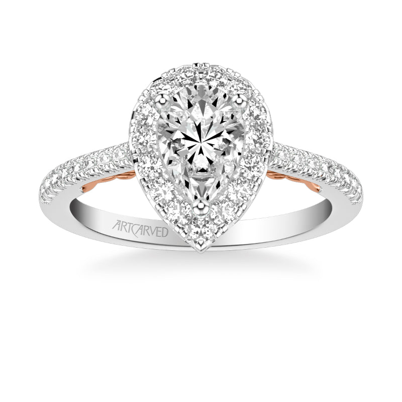 Artcarved Bridal Semi-Mounted with Side Stones Classic Lyric Halo Engagement Ring Demi 14K White Gold Primary & 14K Rose Gold