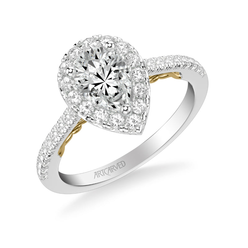 Artcarved Bridal Mounted with CZ Center Classic Lyric Halo Engagement Ring Jacinda 18K White Gold Primary & 18K Yellow Gold