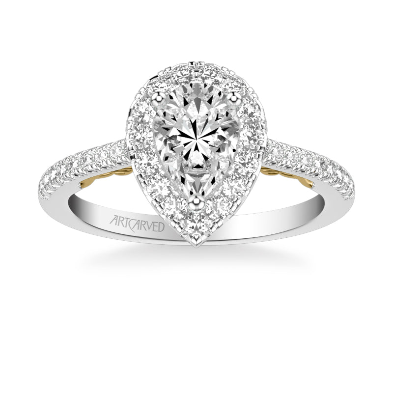 Artcarved Bridal Mounted with CZ Center Classic Lyric Halo Engagement Ring Jacinda 18K White Gold Primary & 18K Yellow Gold