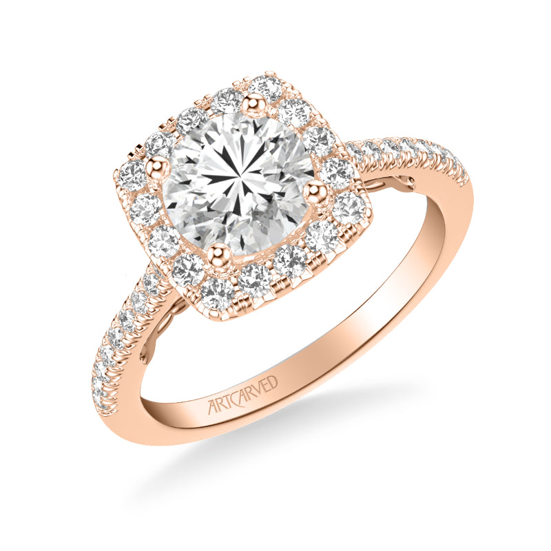 Artcarved Bridal Semi-Mounted with Side Stones Classic Lyric Halo Engagement Ring Loni 18K Rose Gold