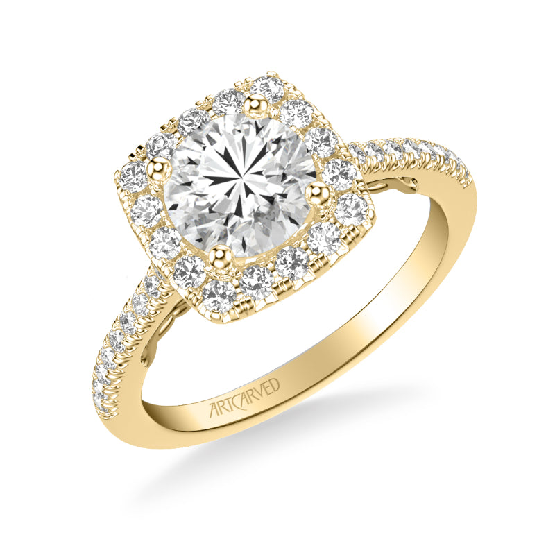 Artcarved Bridal Semi-Mounted with Side Stones Classic Lyric Halo Engagement Ring Loni 14K Yellow Gold