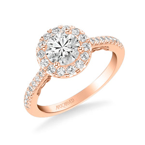 Artcarved Bridal Semi-Mounted with Side Stones Classic Lyric Halo Engagement Ring Hazel 14K Rose Gold
