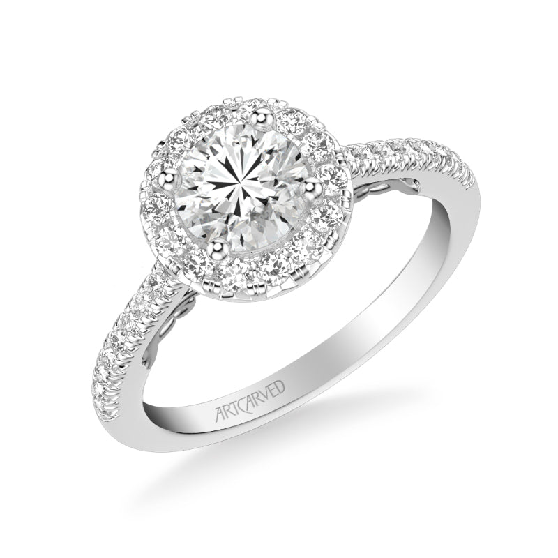 Artcarved Bridal Semi-Mounted with Side Stones Classic Lyric Halo Engagement Ring Hazel 18K White Gold