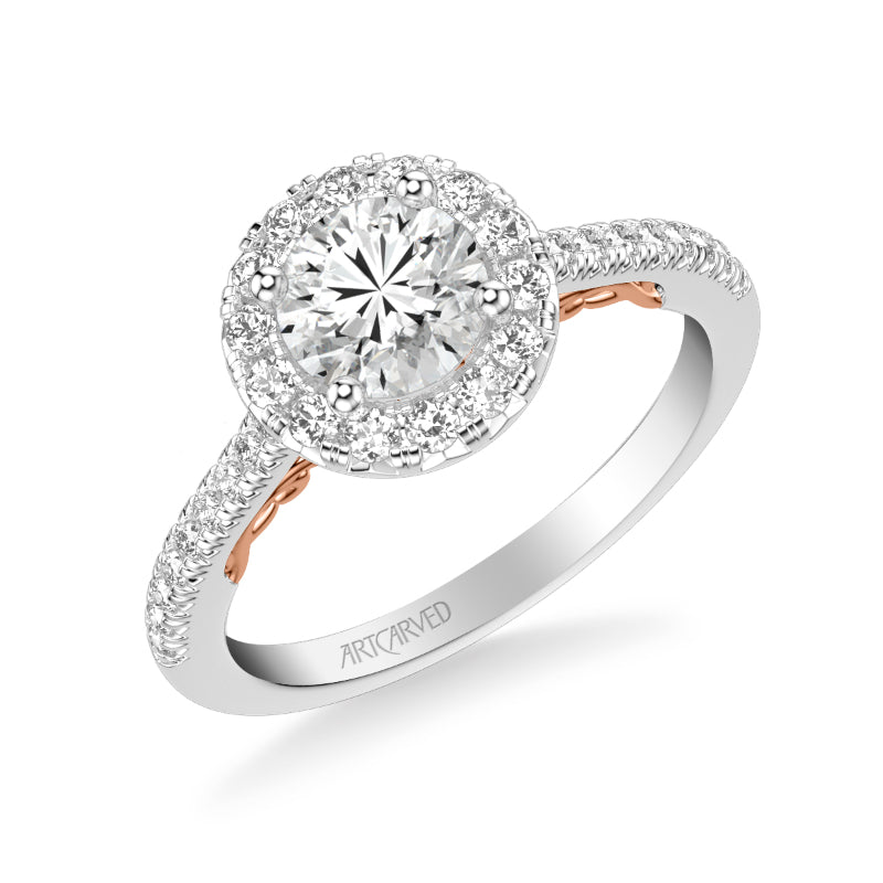 Artcarved Bridal Mounted with CZ Center Classic Lyric Halo Engagement Ring Hazel 18K White Gold Primary & Rose Gold