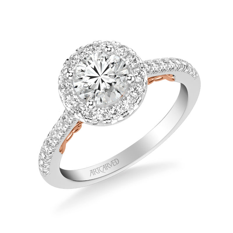 Artcarved Bridal Mounted with CZ Center Classic Lyric Halo Engagement Ring Hazel 14K White Gold Primary & 14K Rose Gold