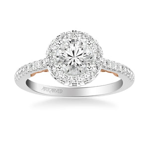 Artcarved Bridal Semi-Mounted with Side Stones Classic Lyric Halo Engagement Ring Hazel 18K White Gold Primary & Rose Gold