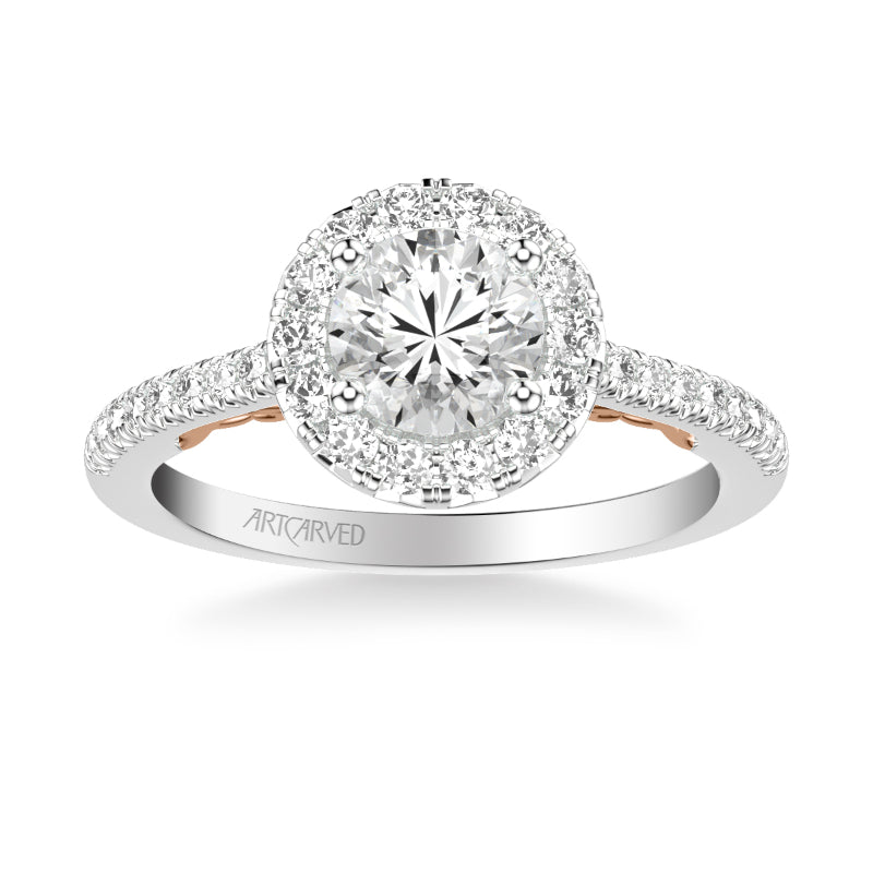 Artcarved Bridal Mounted with CZ Center Classic Lyric Halo Engagement Ring Hazel 18K White Gold Primary & Rose Gold