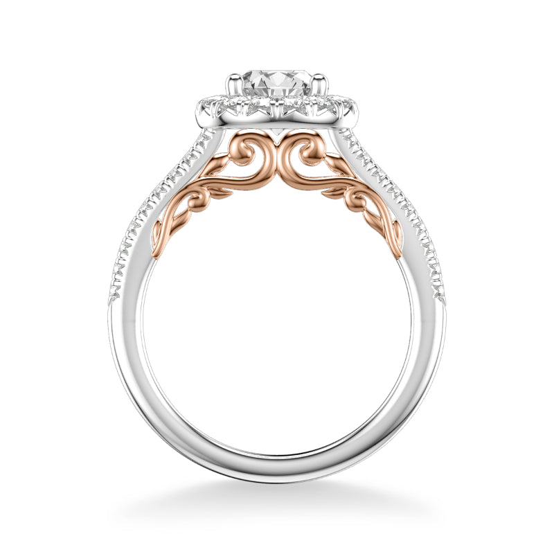 Artcarved Bridal Semi-Mounted with Side Stones Classic Lyric Halo Engagement Ring Hazel 18K White Gold Primary & Rose Gold