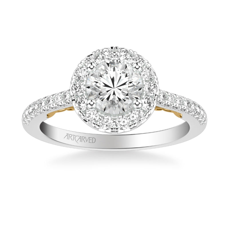 Artcarved Bridal Semi-Mounted with Side Stones Classic Lyric Halo Engagement Ring Hazel 18K White Gold Primary & 18K Yellow Gold