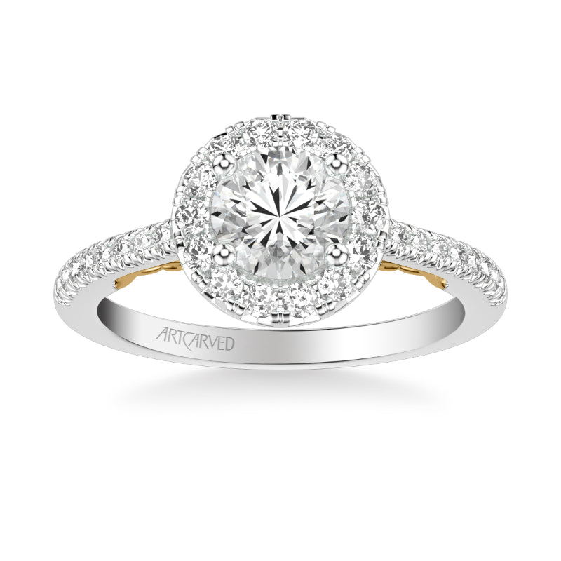Artcarved Bridal Semi-Mounted with Side Stones Classic Lyric Halo Engagement Ring Hazel 14K White Gold Primary & 14K Yellow Gold