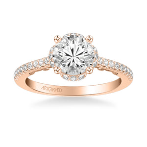 Artcarved Bridal Semi-Mounted with Side Stones Classic Lyric Halo Engagement Ring Gladys 14K Rose Gold