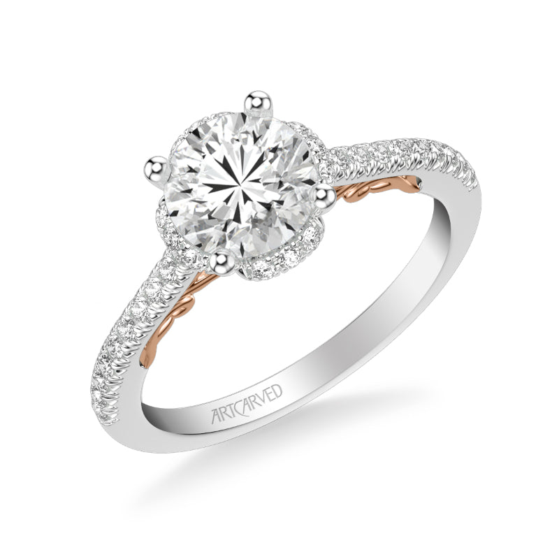 Artcarved Bridal Semi-Mounted with Side Stones Classic Lyric Halo Engagement Ring Gladys 18K White Gold Primary & Rose Gold