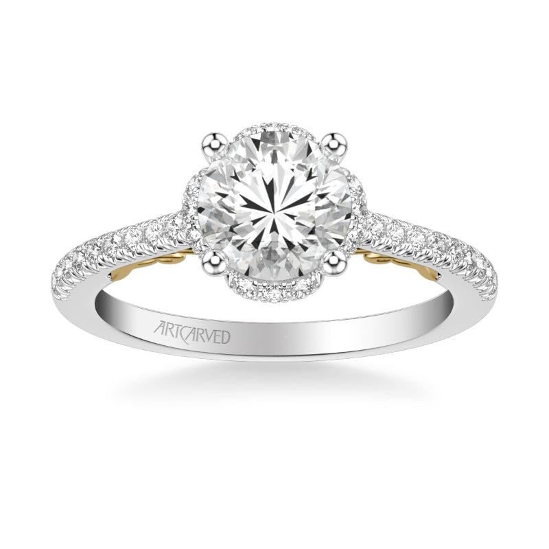 Artcarved Bridal Semi-Mounted with Side Stones Classic Lyric Halo Engagement Ring Gladys 14K White Gold Primary & 14K Yellow Gold