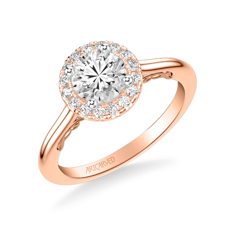 Artcarved Bridal Semi-Mounted with Side Stones Classic Lyric Halo Engagement Ring Cleo 14K Rose Gold