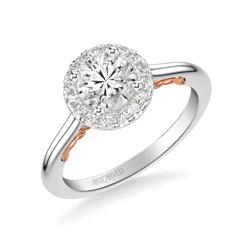 Artcarved Bridal Semi-Mounted with Side Stones Classic Lyric Halo Engagement Ring Cleo 18K White Gold Primary & Rose Gold