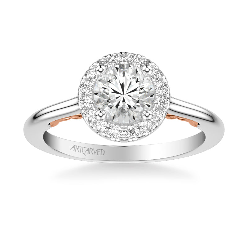 Artcarved Bridal Mounted with CZ Center Classic Lyric Halo Engagement Ring Cleo 14K White Gold Primary & 14K Rose Gold