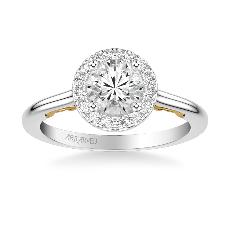 Artcarved Bridal Semi-Mounted with Side Stones Classic Lyric Halo Engagement Ring Cleo 14K White Gold Primary & 14K Yellow Gold