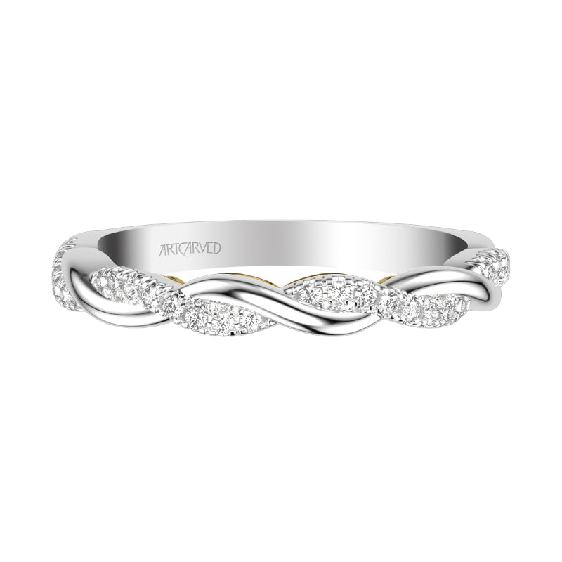 Artcarved Bridal Mounted with Side Stones Contemporary Lyric Diamond Wedding Band Tilda 14K White Gold Primary & 14K Yellow Gold