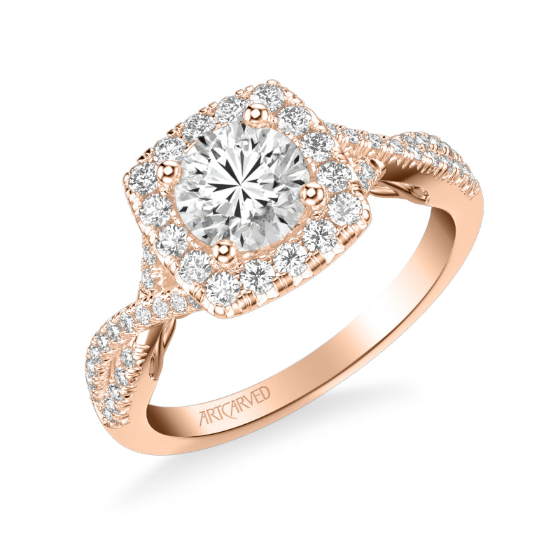 Artcarved Bridal Semi-Mounted with Side Stones Contemporary Lyric Halo Engagement Ring Shelby 14K Rose Gold