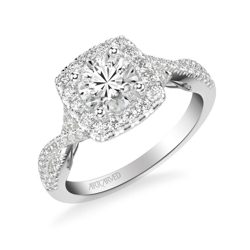 Artcarved Bridal Semi-Mounted with Side Stones Contemporary Lyric Halo Engagement Ring Shelby 18K White Gold