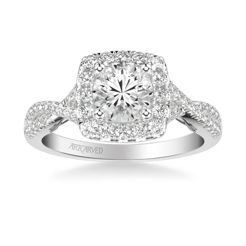 Artcarved Bridal Semi-Mounted with Side Stones Contemporary Lyric Halo Engagement Ring Shelby 14K White Gold