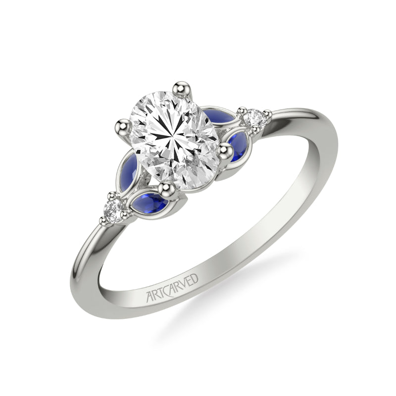 Artcarved Bridal Mounted with CZ Center Contemporary Engagement Ring 18K White Gold & Blue Sapphire