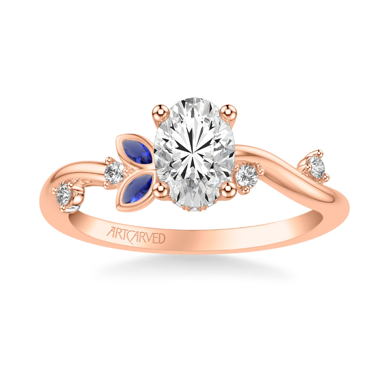 Artcarved Bridal Semi-Mounted with Side Stones Contemporary Engagement Ring 14K Rose Gold & Blue Sapphire