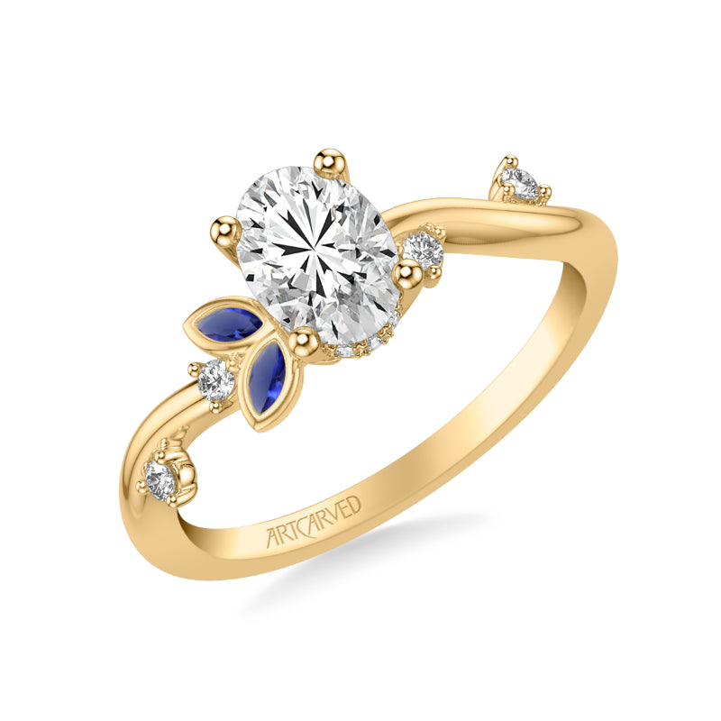 Artcarved Bridal Semi-Mounted with Side Stones Contemporary Engagement Ring 14K Yellow Gold & Blue Sapphire