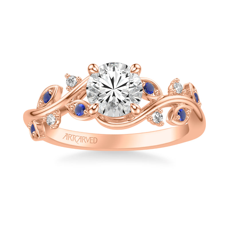 Artcarved Bridal Mounted with CZ Center Contemporary Engagement Ring 18K Rose Gold & Blue Sapphire