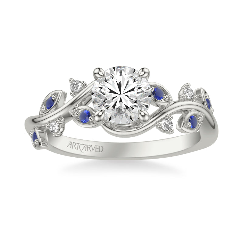 Artcarved Bridal Semi-Mounted with Side Stones Contemporary Engagement Ring 18K White Gold & Blue Sapphire