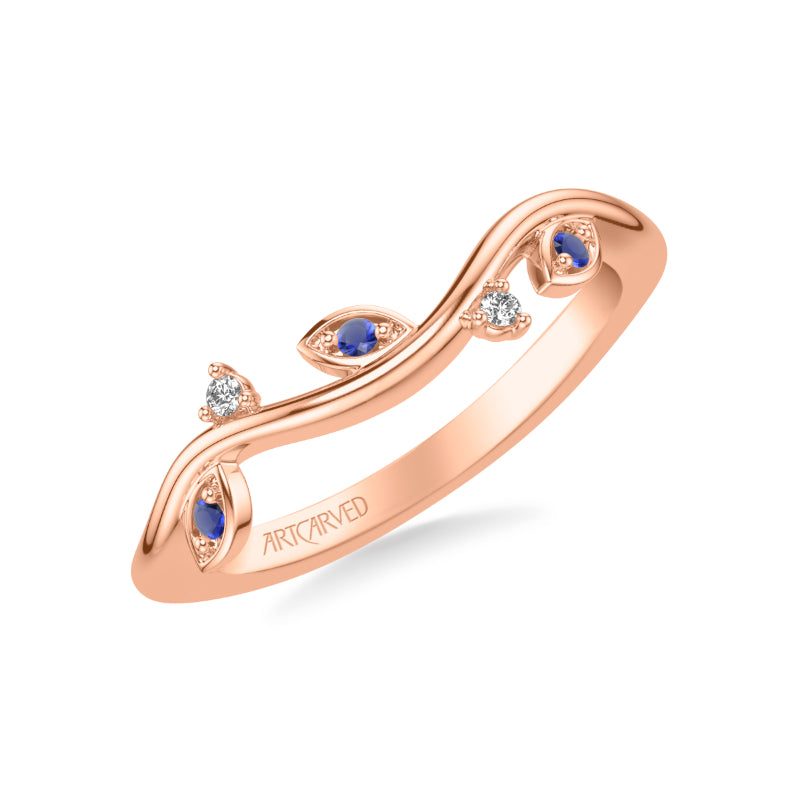 Artcarved Bridal Mounted with Side Stones Contemporary Wedding Band 18K Rose Gold & Blue Sapphire